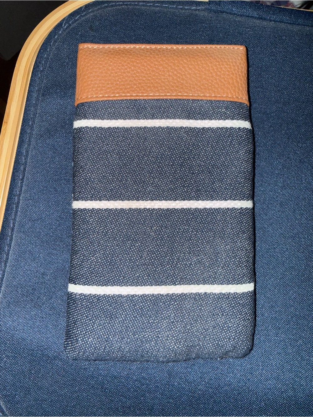 Striped Navy Canvas eyeglasses Holder with Tan Leather Accent